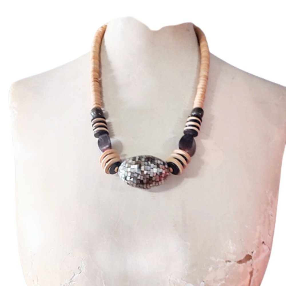 1980s Vintage Big Bold Tribal Beaded Necklace Wood And Abalone Shell Brown Grey